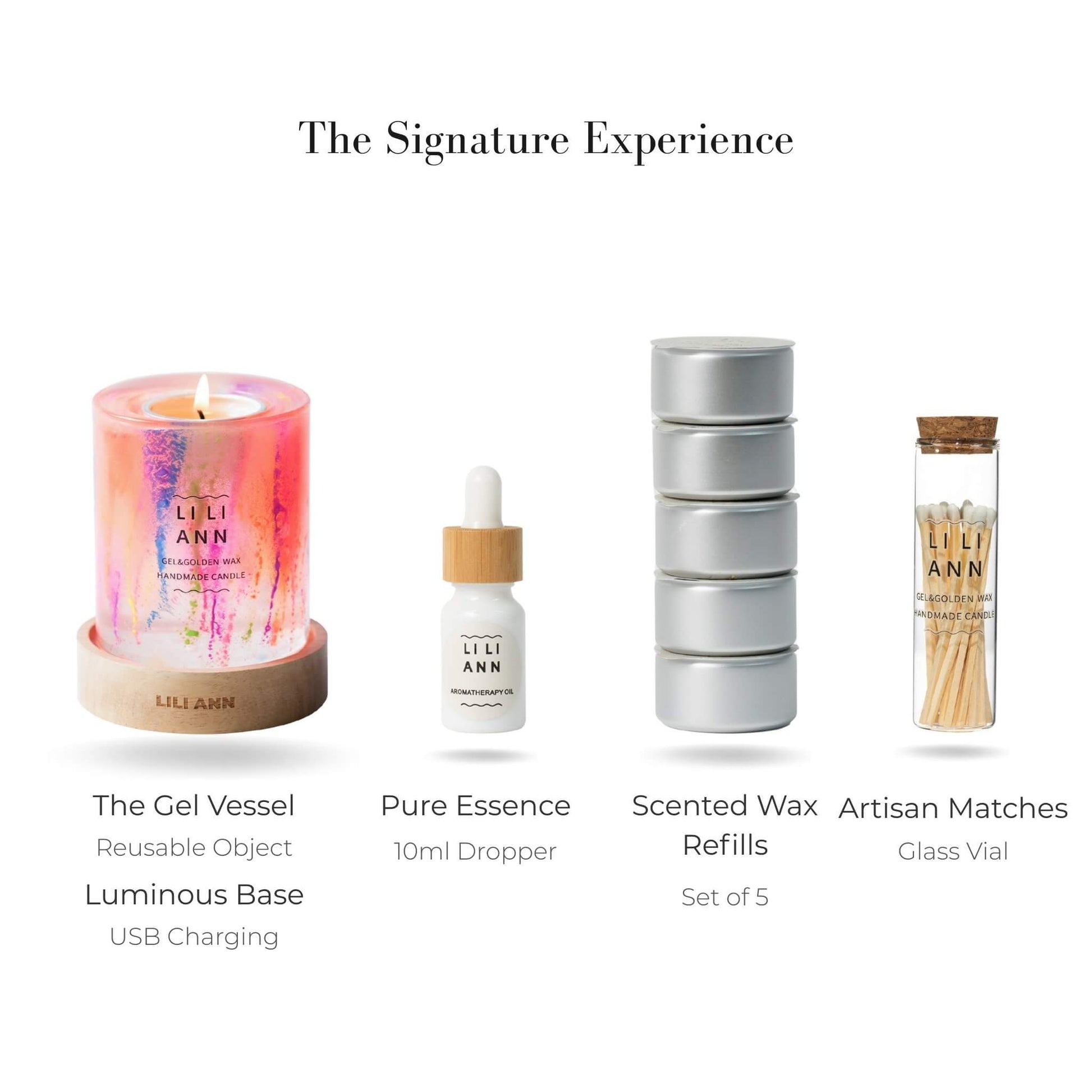 Complete Signature Set with Spark Vessel, Summer Fizz Refills, Luminous Base, and Essence Oil.