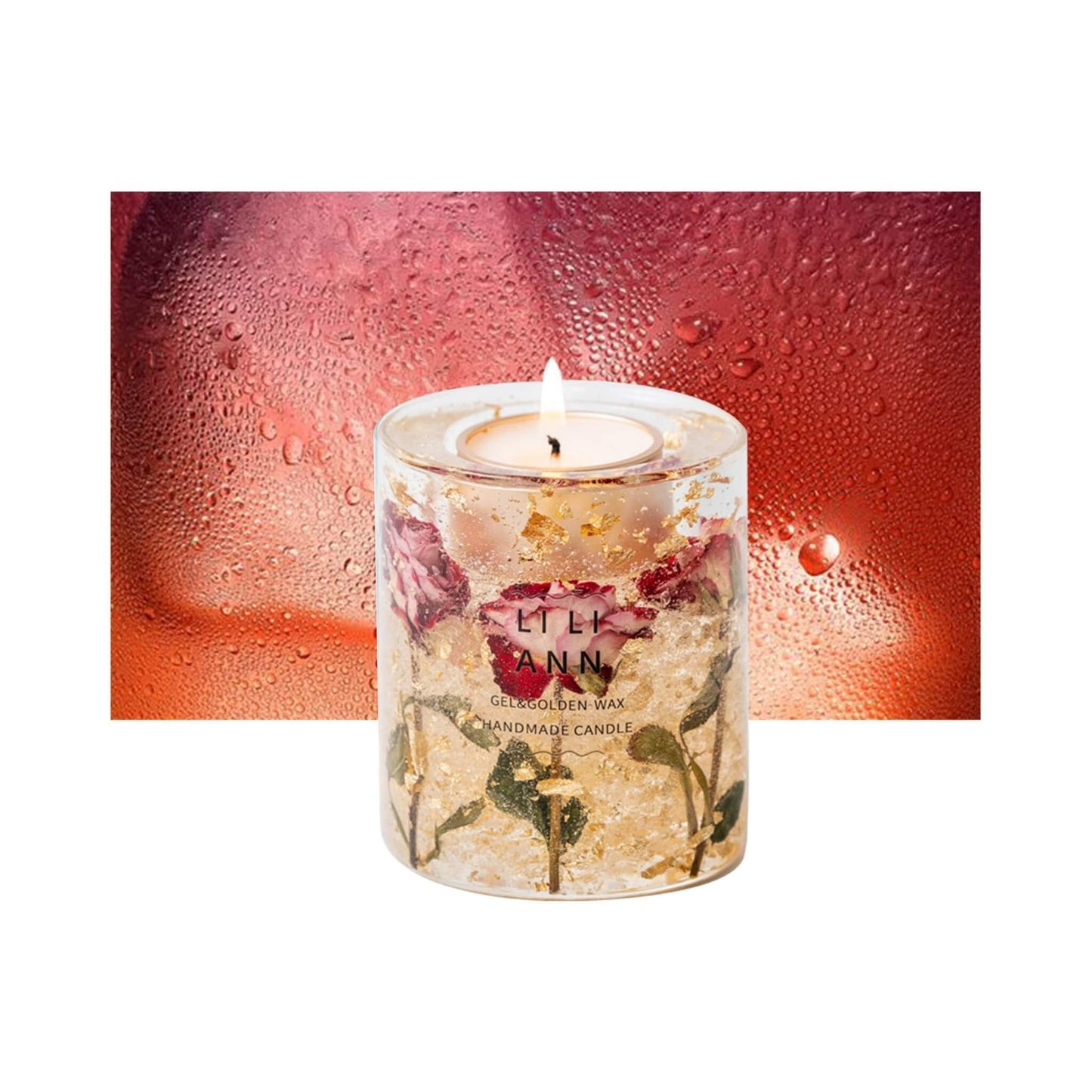 Object .17 Muse by LILIANN. A gel vessel featuring deep red botanical inclusions suspended in a clear medium, resembling roses steeping in wine.