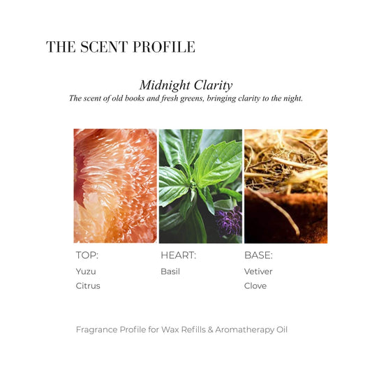 Scent profile chart for Midnight Clarity featuring Yuzu fruit, Green Basil leaves, and Vetiver roots.