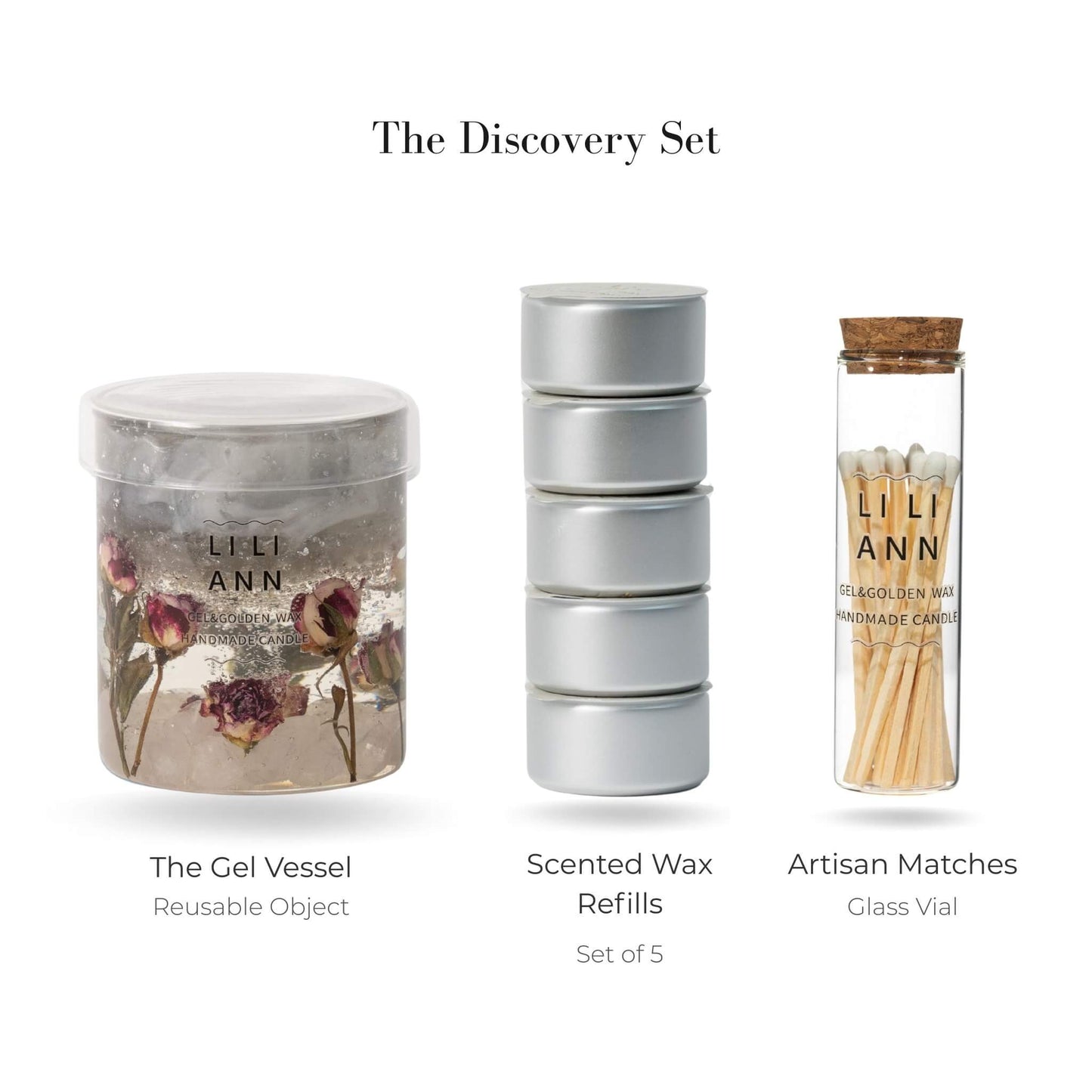 Liliann Object.05 Discovery Set including The Lunar Vessel, 5 Rosewood Noir wax refills, and matches.