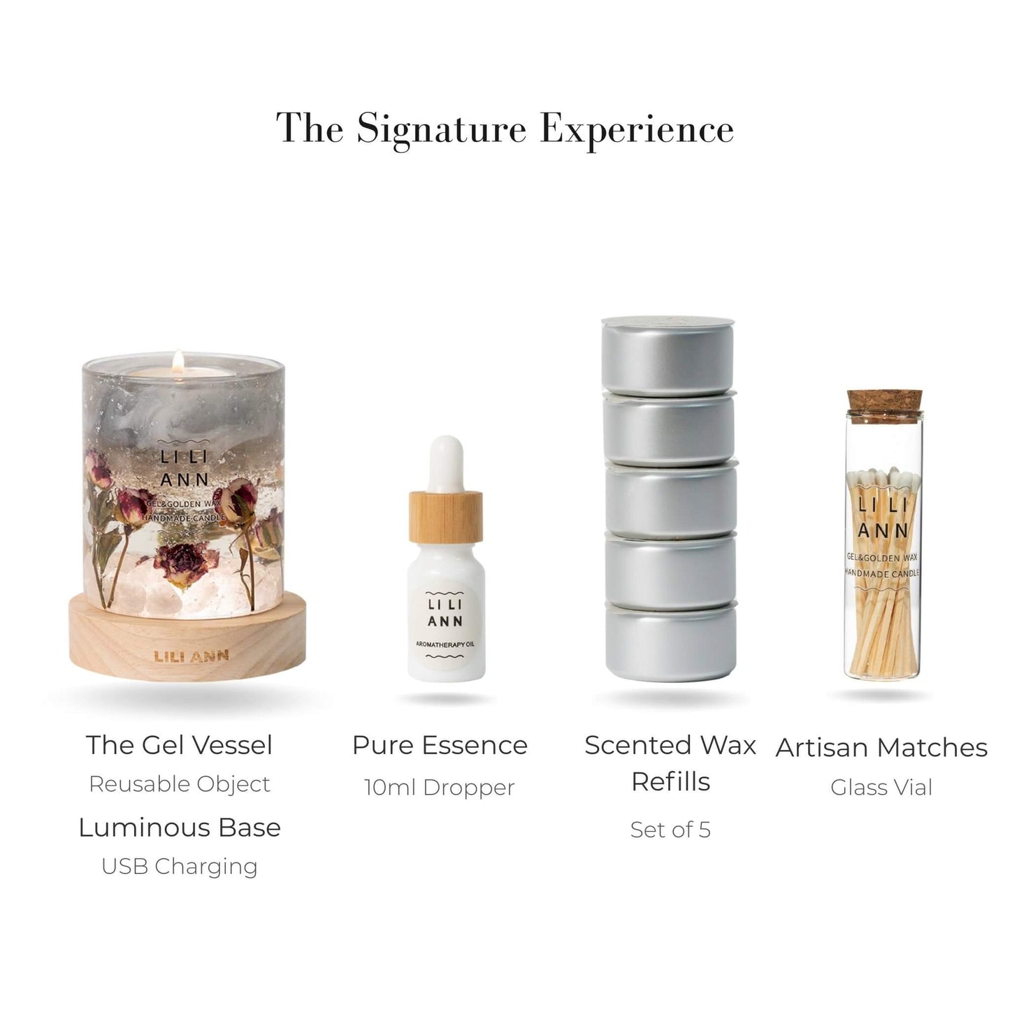 Complete Signature Set with Lunar Vessel, Luminous Base, Wax Refills, and Essence Oil.