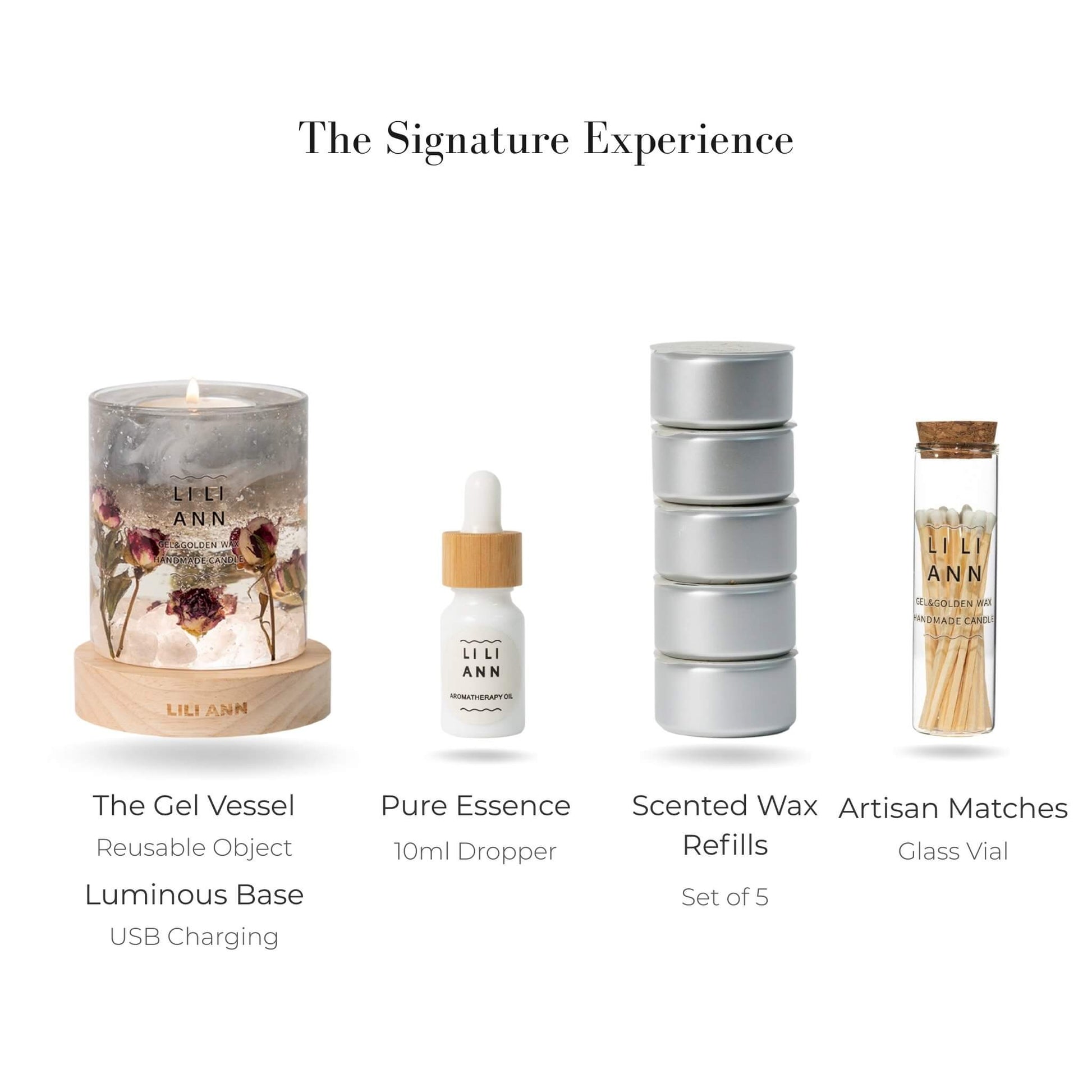 Complete Signature Set with Lunar Vessel, Luminous Base, Wax Refills, and Essence Oil.