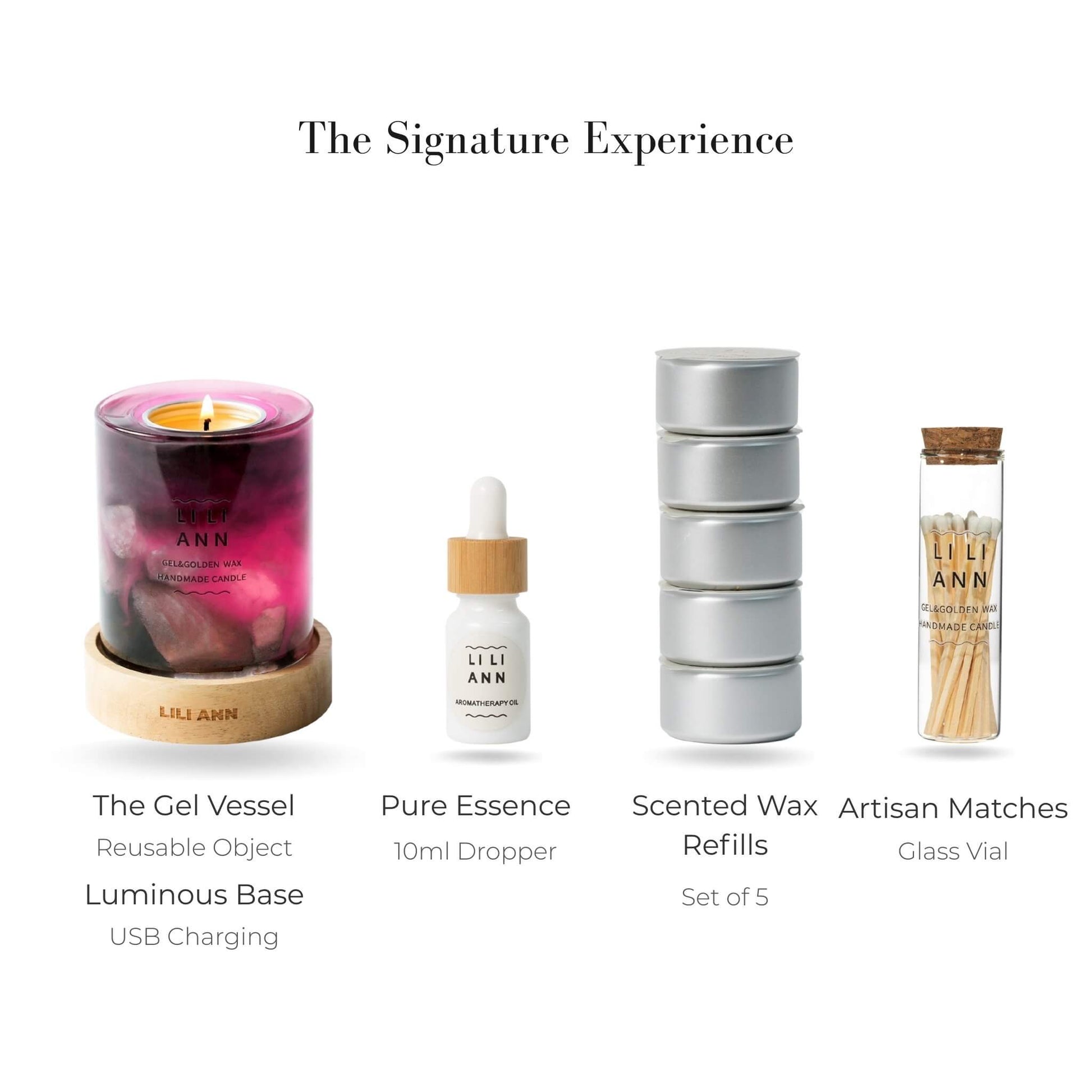 Complete Signature Set with Dawn Vessel, Luminous Base, Wax Refills, and Essence Oil.