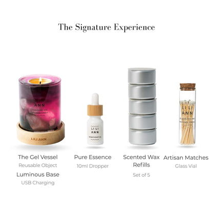 Complete Signature Set with Dawn Vessel, Luminous Base, Wax Refills, and Essence Oil.