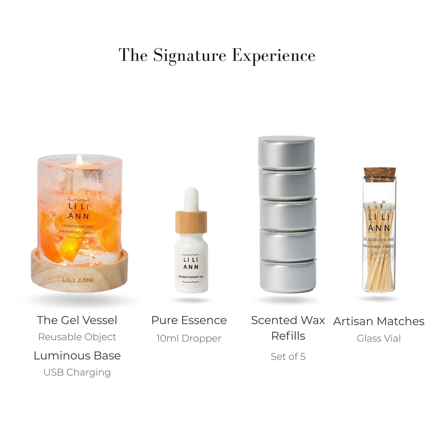 Complete Signature Set with Solar Vessel, Luminous Base, Wax Refills, and Essence Oil.