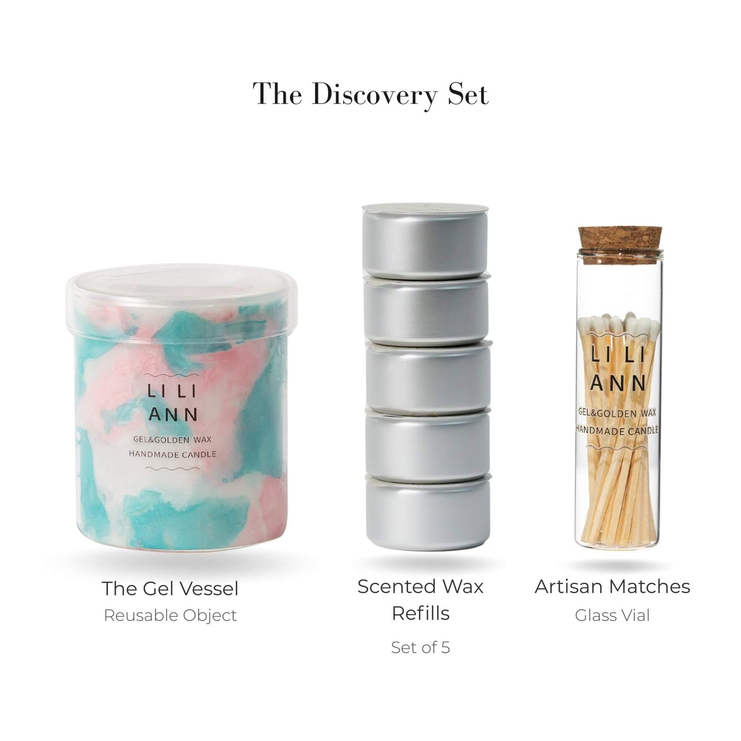 Liliann Object Discovery Set including The Serene Vessel, 5 Bamboo Zen wax refills, and matches.