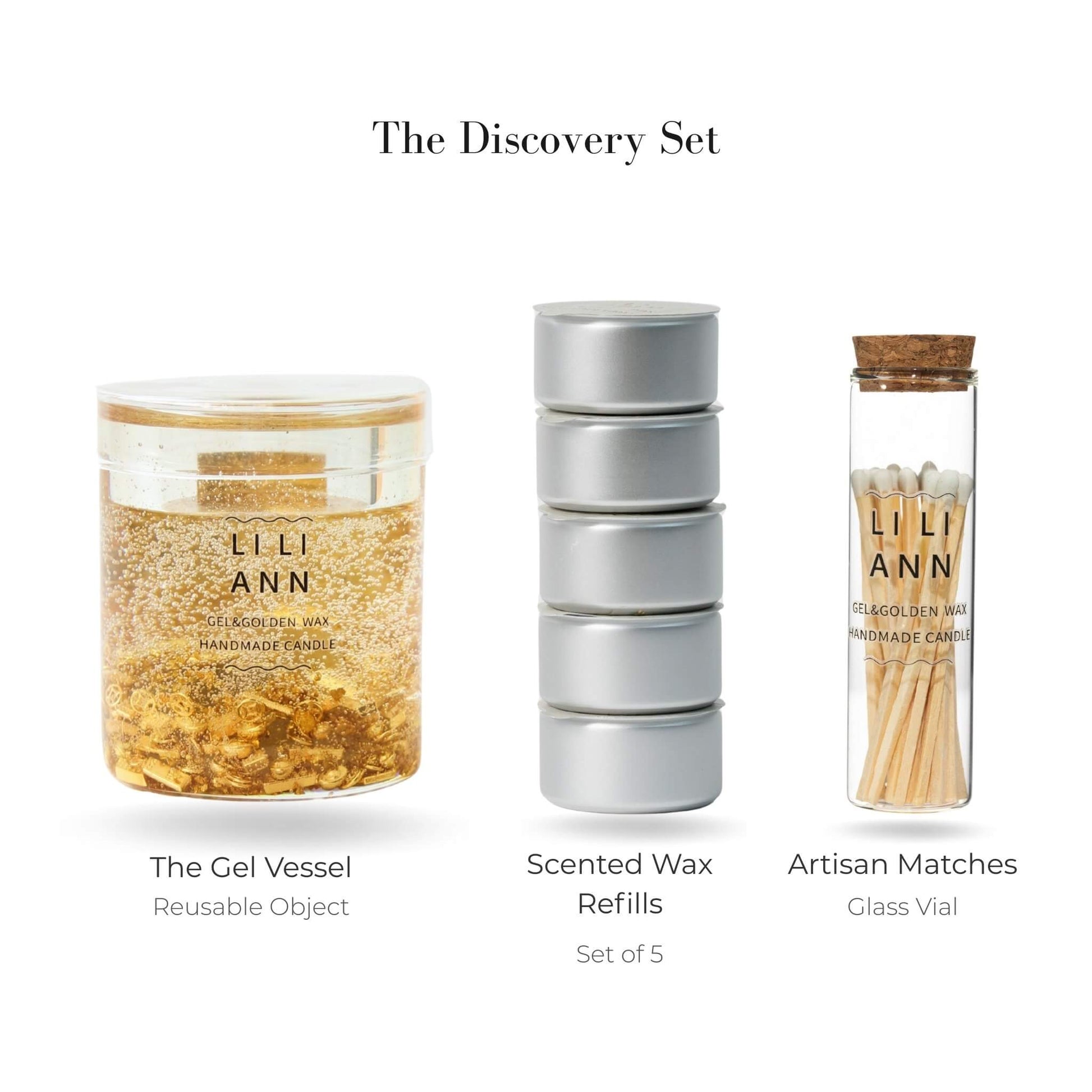 Liliann Object Discovery Set including The Gilded Vessel, 5 Golden Ember wax refills, and matches.