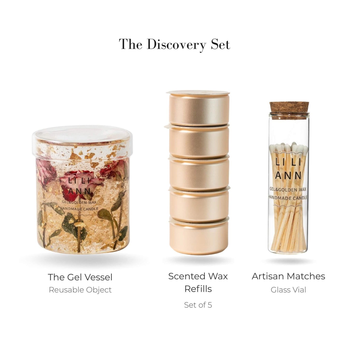 Liliann Object Discovery Set including The Muse Vessel, 5 Rose Nectar wax refills, and matches.
