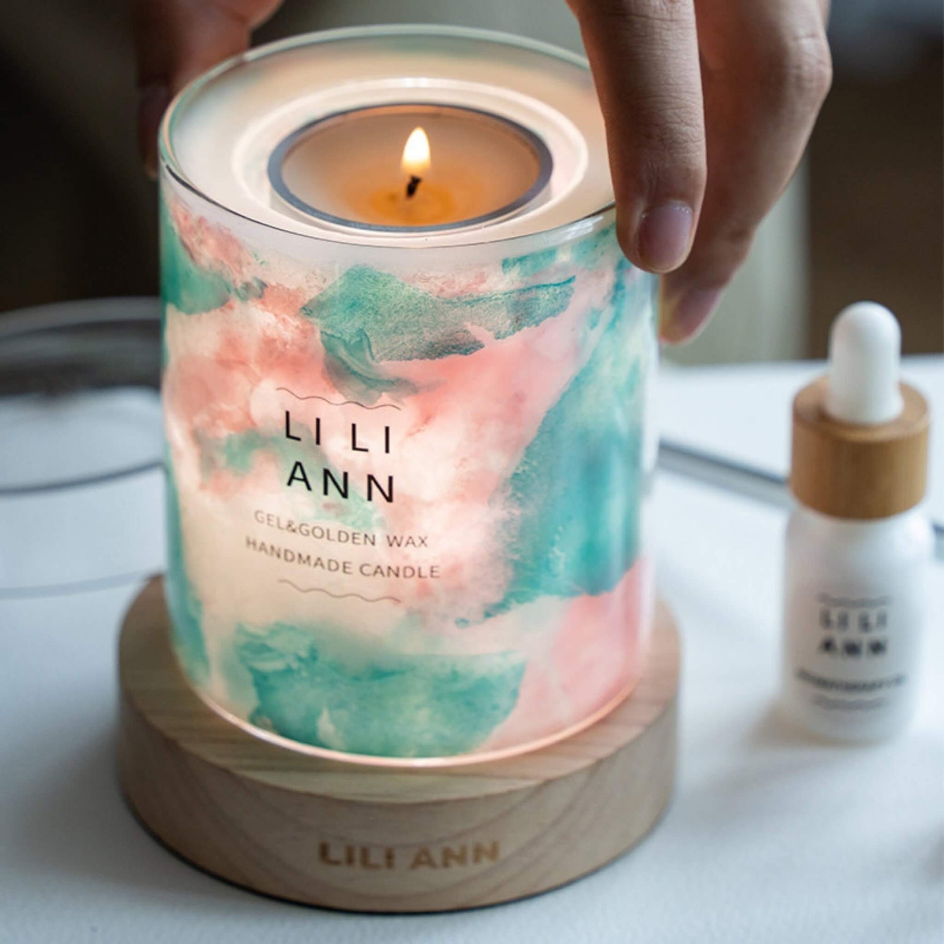 Illuminated Serene Vessel glowing with soft pink and green hues, resembling a Monet water lily painting.