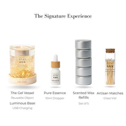 Complete Signature Set with Gilded Vessel, Luminous Base, Wax Refills, and Essence Oil.
