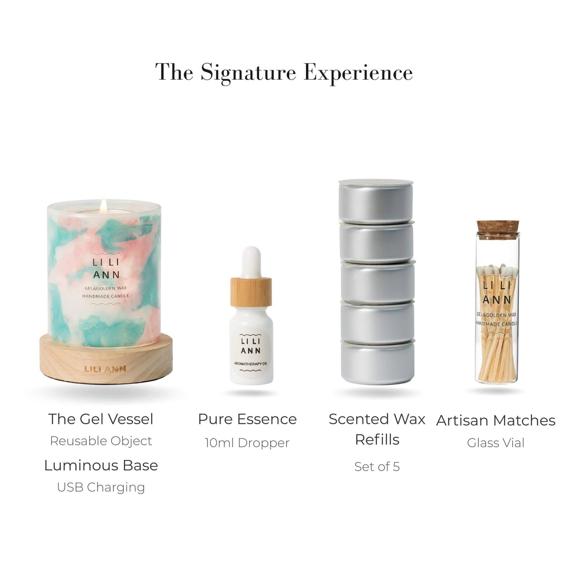 Complete Signature Set with Serene Vessel, Luminous Base, Wax Refills, and Essence Oil.