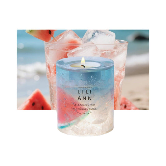 The Sorbet Vessel gel candle featuring artisan watermelon slices suspended in ice-like gel against a sunny beach background.