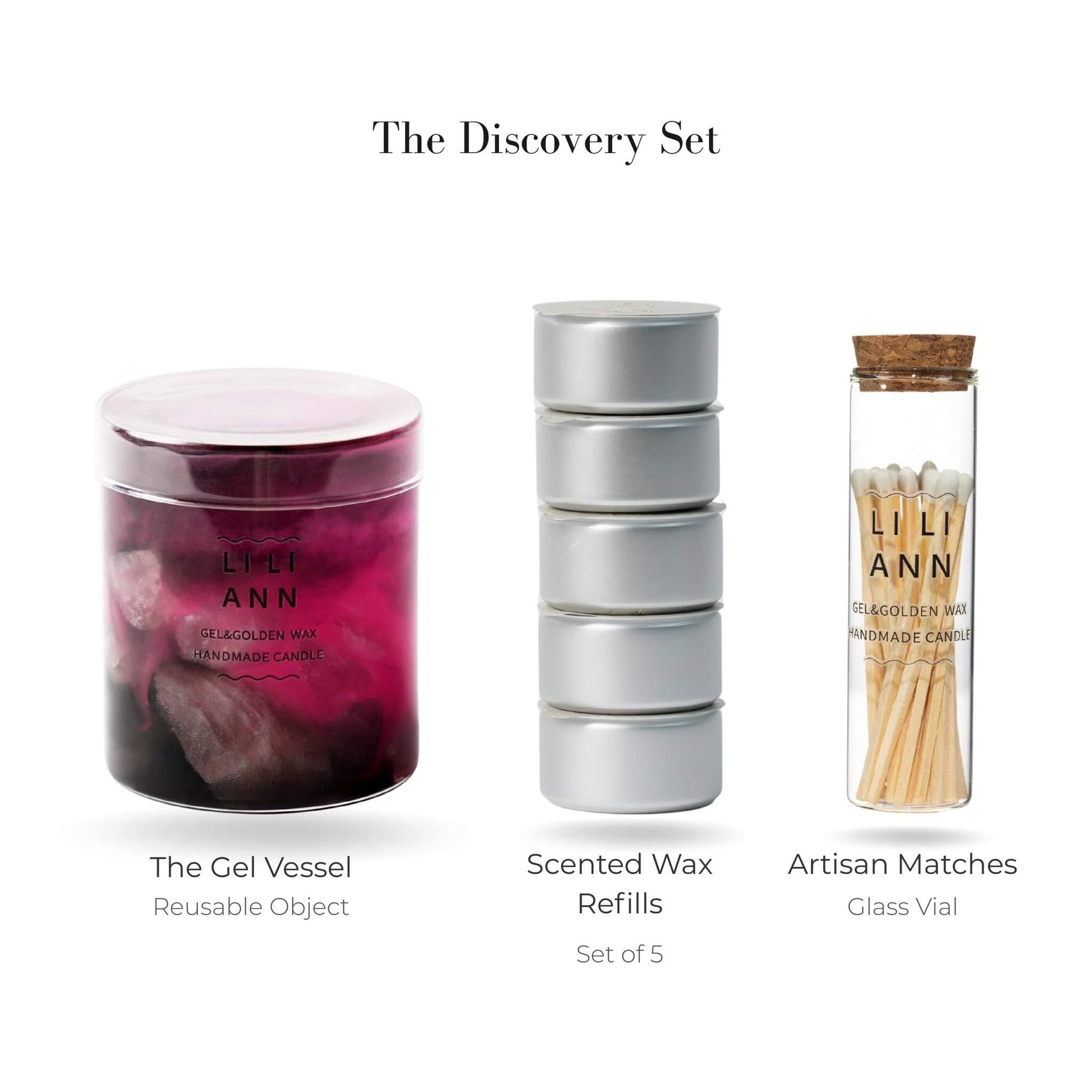 Liliann Object Discovery Set including The Dawn Vessel, 5 Spring Mist wax refills, and matches.