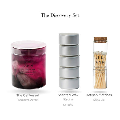 Liliann Object Discovery Set including The Dawn Vessel, 5 Spring Mist wax refills, and matches.